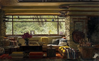 Interior of the Fallingwater house, by Frank Lloyd Wright, painted by Félix de la Concha between 2005 and 2006.