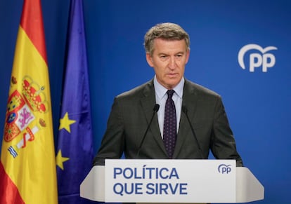 Alberto Núñez Feijóo, durante la rueda de prensa este jueves en la sede del PP en Madrid.