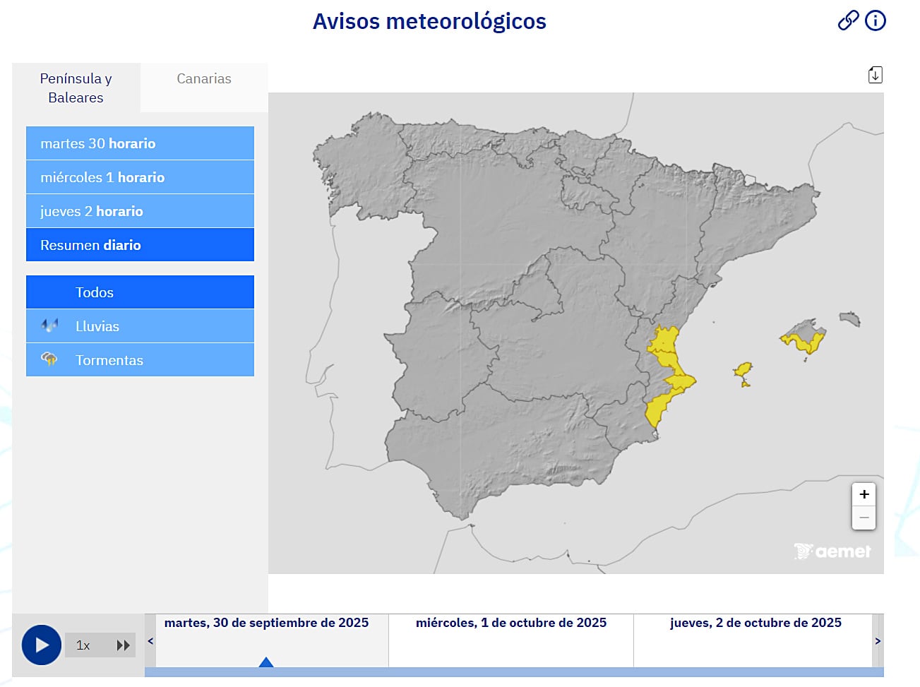 La Aemet rebaja a amarillo los avisos naranja en Alicante, Valencia y Baleares