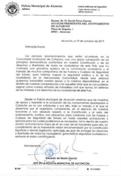 Carta enviada por el Jefe de la Policía Municipal al alcalde de Alcorcón.