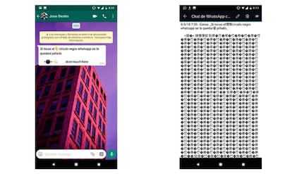 A la derecha los caracteres que se esconden detrás del círculo negro de WhatsApp