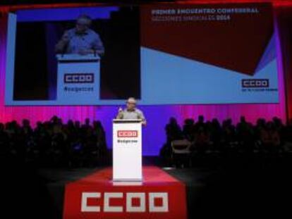 El secretario general de CCOO, Ignacio Fernández Toxo, durante su intervención en la clausura hoy del primer encuentro confederal de secciones sindicales, al que han asistido 2.200 representantes sindicales de todos los sectores de la producción, los servicios y las administraciones públicas.