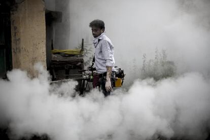 Un funcionario fumiga las calles de Calcuta (India) como medida de prevención del dengue. El dengue y la chikunguña se transmiten por el mismo vector: el mosquito aedes aegypti. Tanto la chikunguña como el dengue son enfermedades endémicas en la India, asociadas con el período de lluvias de la temporada monzónica que normalmente se extiende por todo el país desde junio a septiembre.