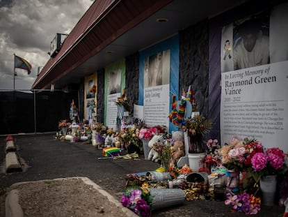 Memorials are displayed outside Club Q, the LGBTQ nightclub that was the site of a deadly 2022 shooting that killed five people, on June 7, 2023, in Colorado Springs, Colorado.