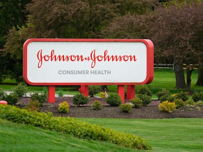 A sign for Johnson & Johnson Consumer Health is displayed in Flourtown, Pa., Friday, April 28, 2023.