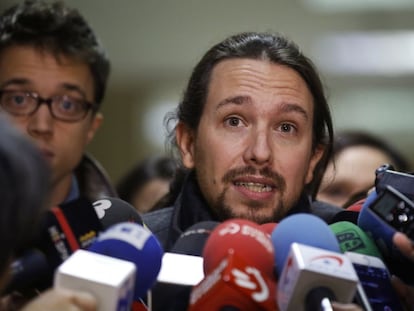 Podemos leader Pablo Iglesias talks to reporters in Madrid on Monday.