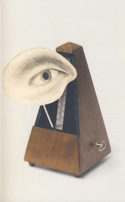Metrónomo. Salvador Dalí (1944). Claramente inspirado por la obra precedente de Man Ray, Salvador Dalí (Figueres, 1904 – 1989) hizo su metrónomo con la única diferencia real con la obra de Ray en que el ojo es un dibujo a lápiz graso sobre papel pegado en cartón en vez de una fotografía.