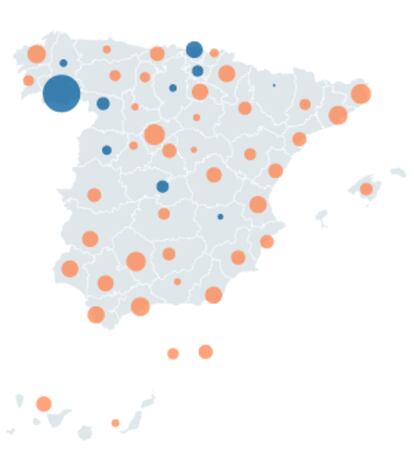 EL MAPA DE LOS RECORTES. Dirigentes del PSOE celebraron ayer 50 ruedas de prensa simultáneas en otras tantas provincias para denunciar los recortes que recogen los Presupuestos del Estado para 2012, analizando en cada plaza el impacto de la caída de inversión. Según sus datos, el grifo de dinero público se cierra en todas las provincias menos en dos gallegas (Ourense y Lugo), dos vascas (Bizkaia y Álava), tres en Castilla y León (Zamora, Burgos y Salamanca) y dos en Castilla-La Mancha (Toledo y Albacete). Los recortes más brutales los sufren Segovia (un 61% menos de inversión que en 2011), Girona (-56%), Córdoba (-53%), Málaga (-50%), Barcelona (-49%) y A Coruña (-47%). La mayor subida se da en Ourense, donde computa la obra del AVE, que el Gobierno ha respetado en ese tramo.