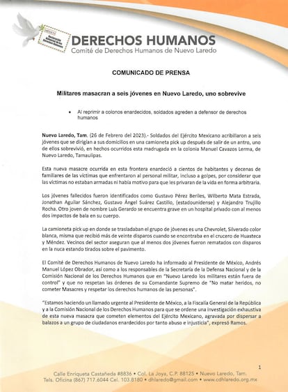 El comunicado del Comité de Derechos Humanos de Nuevo Laredo.