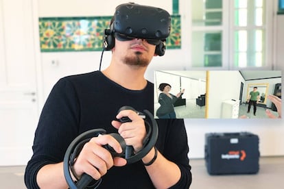 Equipo de realidad virtual y una de las escenas recreadas en VRespect-me, de Virtual Bodyworks