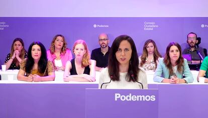 La secretaria general de Podemos, Ione Belarra, durante su intervención en el Consejo Ciudadano Estatal de la formación.