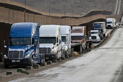 Trucks in the customs line at Tijuana’s Otay Mesa border crossing in January 2025.