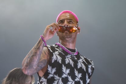 El cantante Maluma durante un concierto en el WiZink Center de Madrid el 8 de julio de 2022.