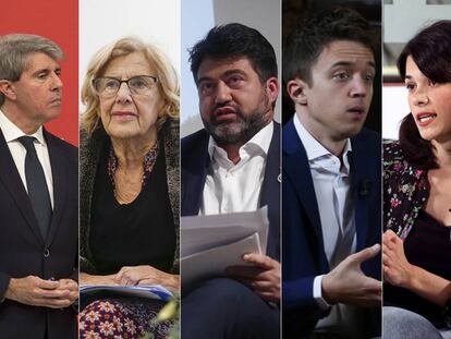 De izquierda a derecha, Isabel Díaz Ayuso, Ángel Garrido, Manuela Carmena, Carlos Sánchez Mato, Íñigo Errejón e Isabel Serra.