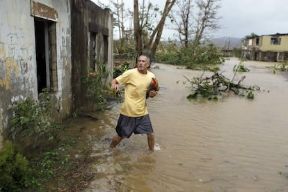 María tocó tierra en la costa sureste de Puerto Rico, como huracán de categoría 4 y vientos de 250 kilómetros por hora. En la imagen, un hombre rescata una gallina de su garaje tras el impacto del huracán en Fajardo, Puerto Rico.