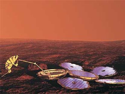 Ilustración del módulo británico <i>Beagle-2,</i> según estaba previsto que se desplegase en el suelo de Marte.
