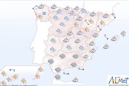 Cielos nubosos en casi toda la Península y muy nubosos en Andalucía.