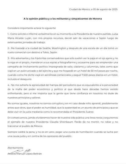 Carta de Andrés López Beltrán difundida en sus redes sociales.