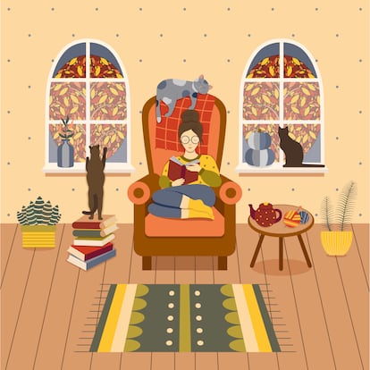 Cozy autumn at home. Girl sitting in armchair with book and reading in homely atmosphere with cats, houseplants, teapot and knitting. Woman with her kitties. Hygge fall at home concept illustration.