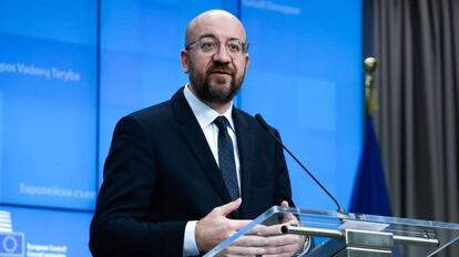 El presidente del Consejo Europeo, Charles Michel, durante una rueda de prensa, el 17 de marzo.