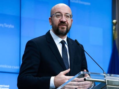 El presidente del Consejo Europeo, Charles Michel, durante una rueda de prensa, el 17 de marzo.