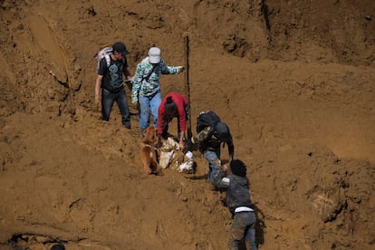 Locatarios excavan la zona afectada por el deslave, en tareas de búsqueda. 
