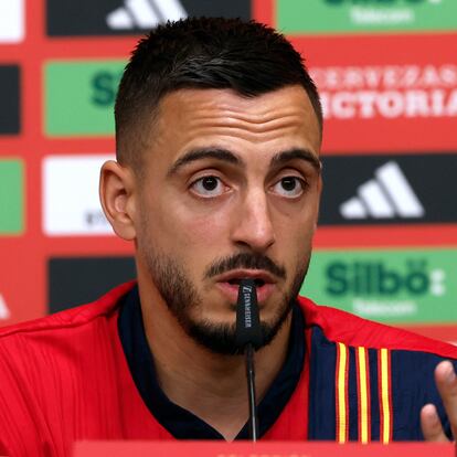 DONAUESCHINGEN (ALEMANIA), 03/07/2024.- El delantero español Joselu ofrece una rueda de prensa este miércoles, en Donaueschingen (Alemania). La selección española se enfrenta este viernes, en los cuartos de final de la Eurocopa 2024 a Alemania. EFE/ J.J.guillen
