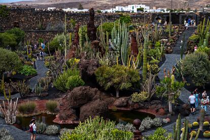 Un grupo de turistas visita el Jardín de Cáctus de César Manrique, en Lanzarote.