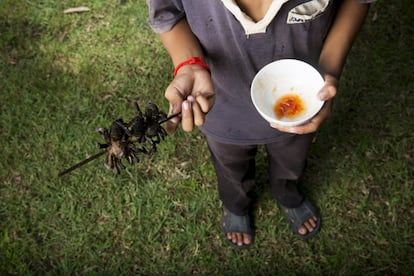 Una mujer sostiene una brocheta con tarántulas fritas y una salsa de chile en el distrito de Svay, provincia de Kampong Thom (Camboya).