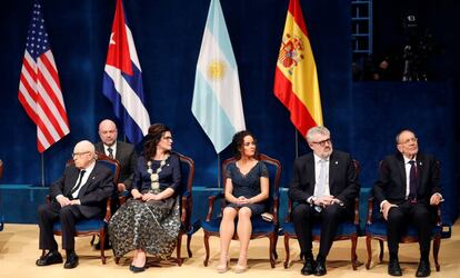 Peter Brook (Artes); Aleksandra Dulkiewicz (Concordia); Laura Fernández, Miguel Falomir y el presidente del patronato del Museo del Prado, Javier Solana (Comunicación y Humanidades).