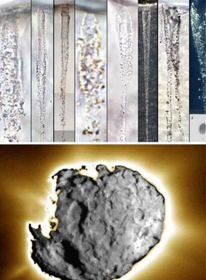 Partículas minerales del cometa Wild 2 atrapadas en el aerogel de <i>Stardust </i>a 389 millones de kilómetros de la Tierra y el núcleo de este cometa (abajo).