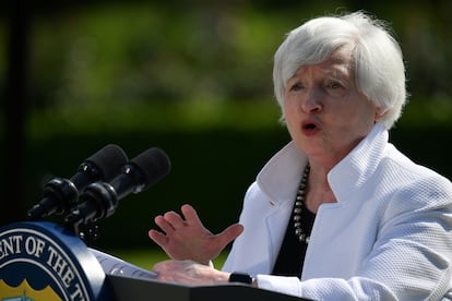 La secretaria del Tesoro de EE UU, Janet Yellen, atiende a los medios tras la reunión del G7 el 5 de junio del G7.