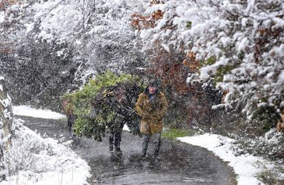 Un hombre pasea con su caballo bajo una tormenta de nieve en Tefel (Albania), este mi&eacute;rcoles.