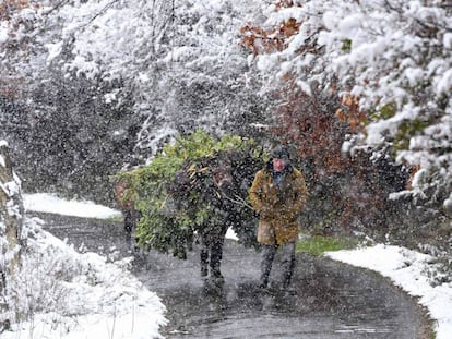 Un hombre pasea con su caballo bajo una tormenta de nieve en Tefel (Albania), este mi&eacute;rcoles.