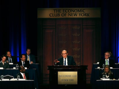 El presidente de la Reserva Federal, Alan Greenspan, en el Club Económico de Nueva York, el 28 de abril de 2014.