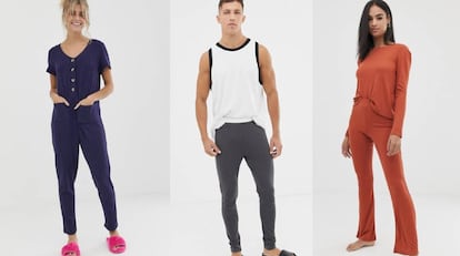 A la izquierda, mono de canalé de ASOS; en el centro, 'meggings' de algodón orgánico para hombre; y, a la derecha, pantalón 'confort' en color teja