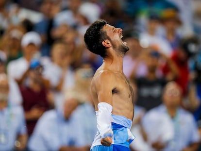 Novak Djokovic (SRB) celebrates the victory over Carlos Alcaraz (ESP) during the mens singles final of the Western and Southern Open tennis tournament at Lindner Family Tennis Center.