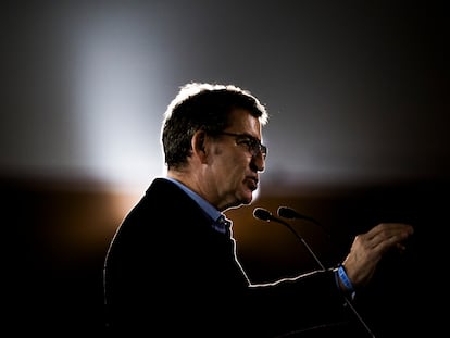 Alberto Núñez Feijóo, durante el mitin celebrado este domingo en Outeiro de Rei (Lugo).