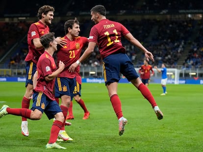 Ferran Torres celebra su gol durante la semifinal de la Liga de las Naciones contra Italia, el pasado 6 de octubre de 2021.