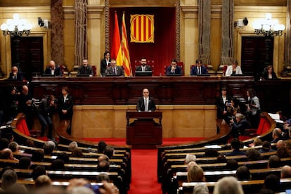 Jordi Turull addressing the Catalan parliament on Thursday.