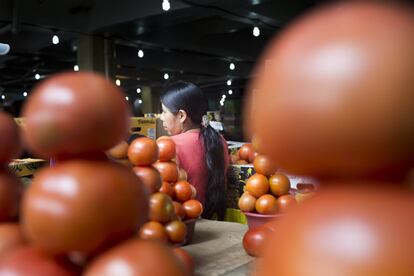 Hay vendedoras que se especializan en solo un producto. Una vendedora vende tomates.