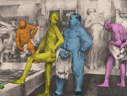 Illustration of men sharing conversation in a sauna in 1917.