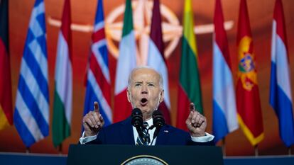 Joe Biden da un discurso en la ceremonia por el aniversario de la OTAN, el 9 de julio en Washington.