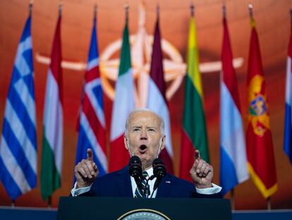 Joe Biden da un discurso en la ceremonia por el aniversario de la OTAN, el 9 de julio en Washington.