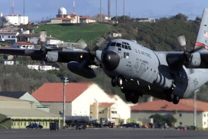 A US military plane taking off from Lajes Air Base, in the Azores.