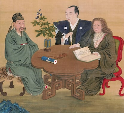 Intercambio científico entre un erudito chino, uno japonés y uno holandés en el siglo XVIII (Wikipedia).