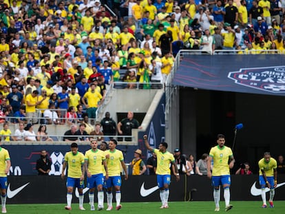 La selección de Brasil celebra un gol durate un juego amistoso contra Estados Unidos, en Orlando (Florida), el pasado 12 de junio.