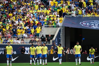 La selección de Brasil celebra un gol durate un juego amistoso contra Estados Unidos, en Orlando (Florida), el pasado 12 de junio.