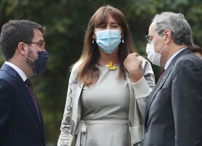 Pere Aragonès (izq.), Laura Borràs y Quim Torra, ante el Supremo el pasado mes de septiembre.