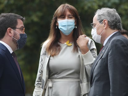 Pere Aragonès (izq.), Laura Borràs y Quim Torra, ante el Supremo el pasado mes de septiembre.